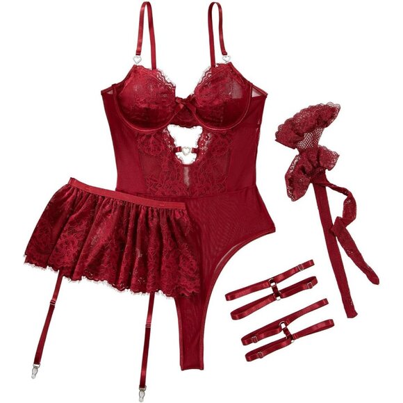 Rhinestone Heart Garter Lingerie Set: Mesh Babydoll, Stockings & Teddy - Picture 4 of 6